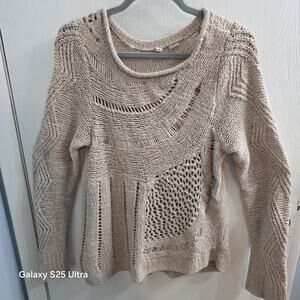 Anthropologie Moth Open Knit Over Sweater Tan Beige Womans L boho preppy comfy